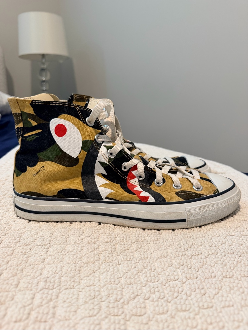 A Bathing Ape RARE Bapesta High-Top Camo Shark-Graphic Sneakers with Camo